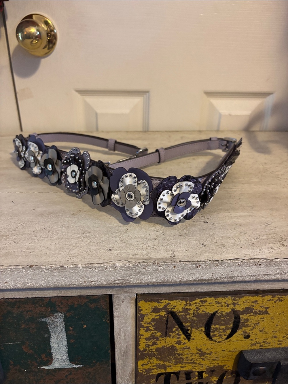 Michael Kors Floral Appliqué Leather Guitar Strap in Lavender and Silver